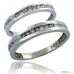 14k White Gold 2-Piece His (4mm) & Hers (3mm) Diamond Wedding Ring Band Set w/ 0.30 Carat Brilliant Cut Diamonds