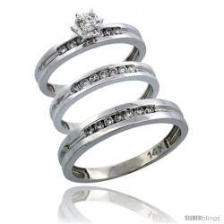 14k White Gold 3-Piece Trio His (4mm) & Hers (3mm) Diamond Wedding Ring Band Set w/ 0.50 Carat Brilliant Cut Diamonds