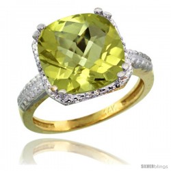 14k Yellow Gold Diamond Lemon Quartz Ring 5.94 ct Checkerboard Cushion 11 mm Stone 1/2 in wide