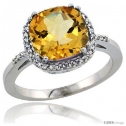 Sterling Silver Diamond Natural Citrine Ring 3.05 ct Cushion Cut 9x9 mm, 1/2 in wide