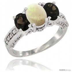 14k White Gold Ladies Oval Natural Opal 3-Stone Ring with Smoky Topaz Sides Diamond Accent