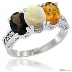 14K White Gold Natural Smoky Topaz, Opal & Whisky Quartz Ring 3-Stone 7x5 mm Oval Diamond Accent