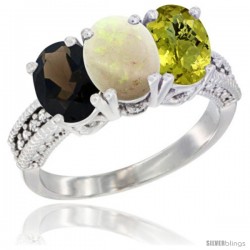 14K White Gold Natural Smoky Topaz, Opal & Lemon Quartz Ring 3-Stone 7x5 mm Oval Diamond Accent