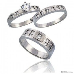 Sterling Silver 3-Piece His 7 mm & Hers 4 mm Trio Wedding Ring Set CZ Stones Rhodium Finish