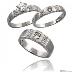 Sterling Silver 3-Piece Trio His (7 mm) & Hers (4 mm) CZ Wedding Ring Band Set