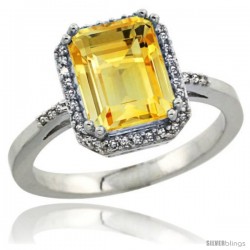 Sterling Silver Diamond Natural Citrine Ring 2.53 ct Emerald Shape 9x7 mm, 1/2 in wide