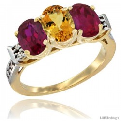 10K Yellow Gold Natural Citrine & Ruby Sides Ring 3-Stone Oval 7x5 mm Diamond Accent