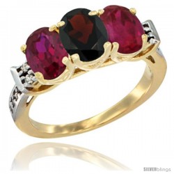 10K Yellow Gold Natural Garnet & Ruby Sides Ring 3-Stone Oval 7x5 mm Diamond Accent