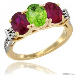 10K Yellow Gold Natural Peridot & Ruby Sides Ring 3-Stone Oval 7x5 mm Diamond Accent