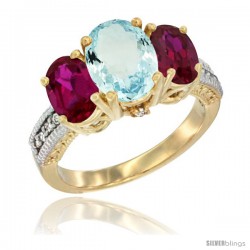 10K Yellow Gold Ladies 3-Stone Oval Natural Aquamarine Ring with Ruby Sides Diamond Accent