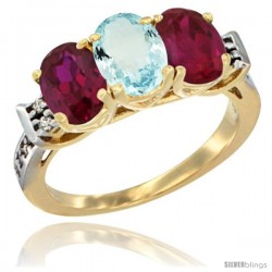 10K Yellow Gold Natural Aquamarine & Ruby Sides Ring 3-Stone Oval 7x5 mm Diamond Accent