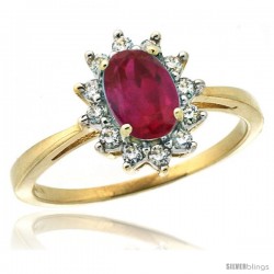 10k Yellow Gold Diamond Halo Ruby Ring 0.85 ct Oval Stone 7x5 mm, 1/2 in wide