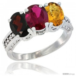 14K White Gold Natural Garnet, Ruby & Whisky Quartz Ring 3-Stone 7x5 mm Oval Diamond Accent