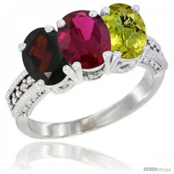 14K White Gold Natural Garnet, Ruby & Lemon Quartz Ring 3-Stone 7x5 mm Oval Diamond Accent