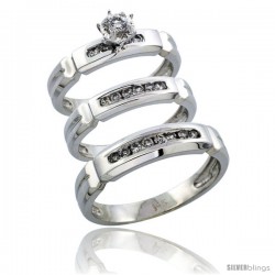 14k White Gold 3-Piece Trio His (5mm) & Hers (4mm) Diamond Wedding Ring Band Set w/ 0.38 Carat Brilliant Cut Diamonds