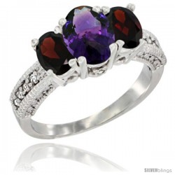 10K White Gold Ladies Oval Natural Amethyst 3-Stone Ring with Garnet Sides Diamond Accent