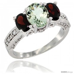 10K White Gold Ladies Oval Natural Green Amethyst 3-Stone Ring with Garnet Sides Diamond Accent