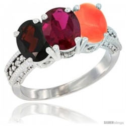 14K White Gold Natural Garnet, Ruby & Coral Ring 3-Stone 7x5 mm Oval Diamond Accent