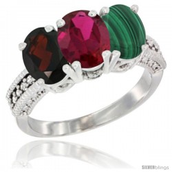 14K White Gold Natural Garnet, Ruby & Malachite Ring 3-Stone 7x5 mm Oval Diamond Accent