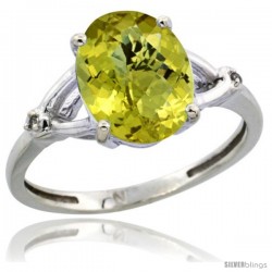 14k White Gold Diamond Lemon Quartz Ring 2.4 ct Oval Stone 10x8 mm, 3/8 in wide