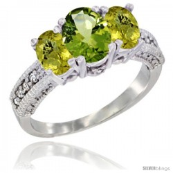 14k White Gold Ladies Oval Natural Peridot 3-Stone Ring with Lemon Quartz Sides Diamond Accent