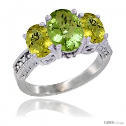 14K White Gold Ladies 3-Stone Oval Natural Peridot Ring with Lemon Quartz Sides Diamond Accent