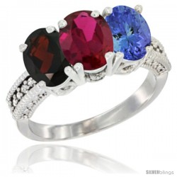 14K White Gold Natural Garnet, Ruby & Tanzanite Ring 3-Stone 7x5 mm Oval Diamond Accent