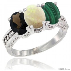 14K White Gold Natural Smoky Topaz, Opal & Malachite Ring 3-Stone 7x5 mm Oval Diamond Accent