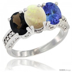 14K White Gold Natural Smoky Topaz, Opal & Tanzanite Ring 3-Stone 7x5 mm Oval Diamond Accent