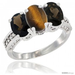 14K White Gold Natural Tiger Eye & Smoky Topaz Ring 3-Stone 7x5 mm Oval Diamond Accent