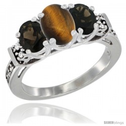 14K White Gold Natural Tiger Eye & Smoky Topaz Ring 3-Stone Oval with Diamond Accent