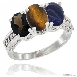 14K White Gold Natural Smoky Topaz, Tiger Eye & Lapis Ring 3-Stone 7x5 mm Oval Diamond Accent