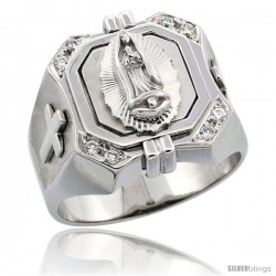 Sterling Silver Men's Immaculate Heart of Mary Square Ring Brilliant Cut CZ Stones, 3/4 in (17 mm) wide