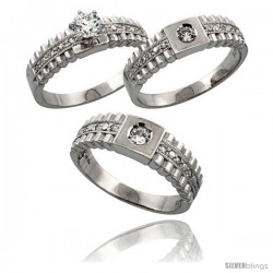 Sterling Silver 3-Piece His 6.5 mm & Hers 6 mm Trio Wedding Ring Set CZ Stones Rhodium Finish