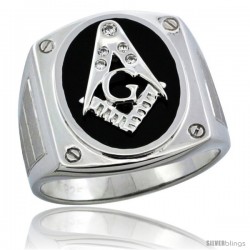 Sterling Silver Men's Black Onyx Masonic Ring CZ Stones & Screw Accents, 3/4 in (19 mm) wide