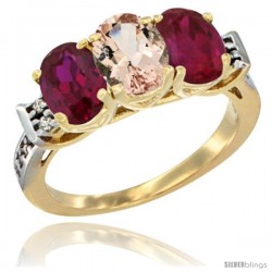 10K Yellow Gold Natural Morganite & Ruby Sides Ring 3-Stone Oval 7x5 mm Diamond Accent