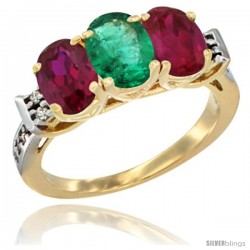 10K Yellow Gold Natural Emerald & Ruby Sides Ring 3-Stone Oval 7x5 mm Diamond Accent