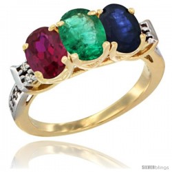 10K Yellow Gold Natural Ruby, Emerald & Blue Sapphire Ring 3-Stone Oval 7x5 mm Diamond Accent