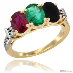 10K Yellow Gold Natural Ruby, Emerald & Black Onyx Ring 3-Stone Oval 7x5 mm Diamond Accent