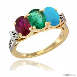 10K Yellow Gold Natural Ruby, Emerald & Turquoise Ring 3-Stone Oval 7x5 mm Diamond Accent