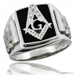 Sterling Silver Men's Black Onyx Masonic Ring CZ Stones & Frosted Sides, 5/8 in (16 mm) wide