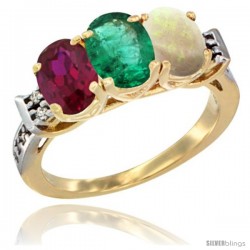 10K Yellow Gold Natural Ruby, Emerald & Opal Ring 3-Stone Oval 7x5 mm Diamond Accent