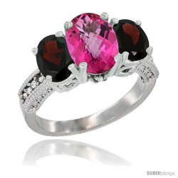 10K White Gold Ladies Natural Pink Topaz Oval 3 Stone Ring with Garnet Sides Diamond Accent