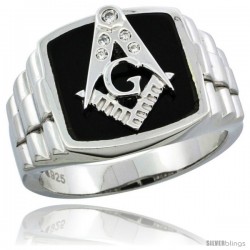 Sterling Silver Men's Black Onyx Masonic Ring CZ Stones & Rolex Style Sides, 19/32 in (15 mm) wide