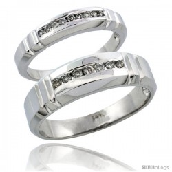 14k White Gold 2-Piece His (6.5mm) & Hers (4mm) Diamond Wedding Ring Band Set w/ 0.23 Carat Brilliant Cut Diamonds