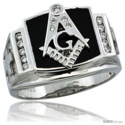 Sterling Silver Men's Black Onyx Masonic Ring CZ Stones & Frosted Crosses on Sides, 19/32 in (15 mm) wide