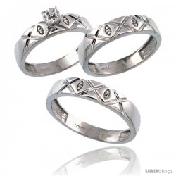 14k White Gold 3-Pc. Trio His (5mm) & Hers (4.5mm) Diamond Wedding Ring Band Set, w/ 0.056 Carat Brilliant Cut Diamonds