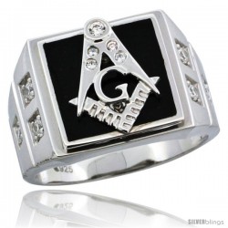 Sterling Silver Men's Black Onyx Masonic Ring CZ Stones & Square Accents, 19/32 in (15 mm) wide