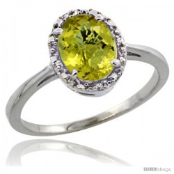 14k White Gold Diamond Halo Lemon Quartz Ring 1.2 ct Oval Stone 8x6 mm, 1/2 in wide