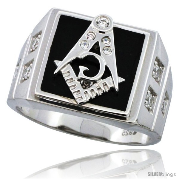 thumbnail image 2 of Men's Sterling Silver Black Onyx Masonic Ring – CZ Stones, Textured Sides – Handmade 2 of 5